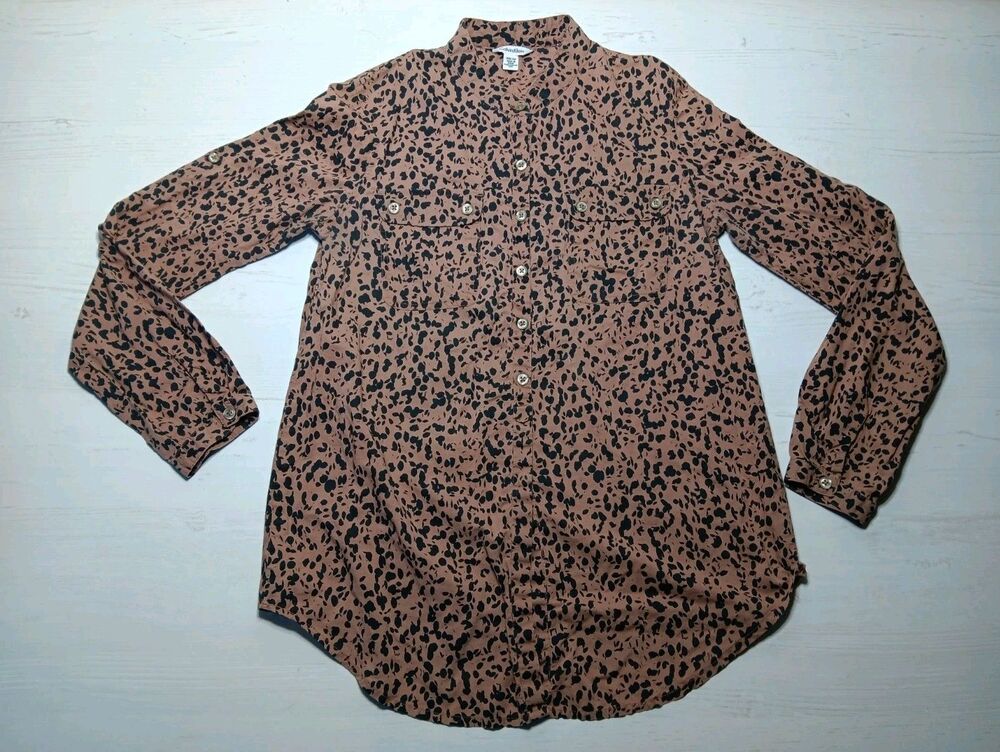 Calvin Klein Brown Animal Print Button Up Blouse Top Size Xs TP  *Paint Spot See
